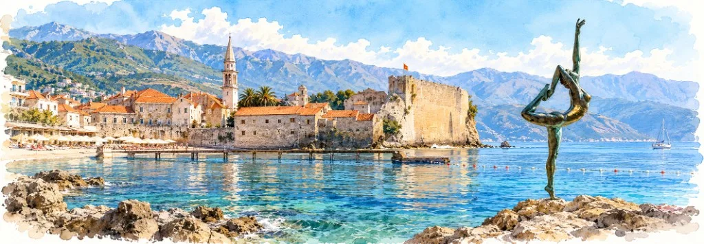 Budva: Glockenturm der Altstadt und Ballerina-Statue
