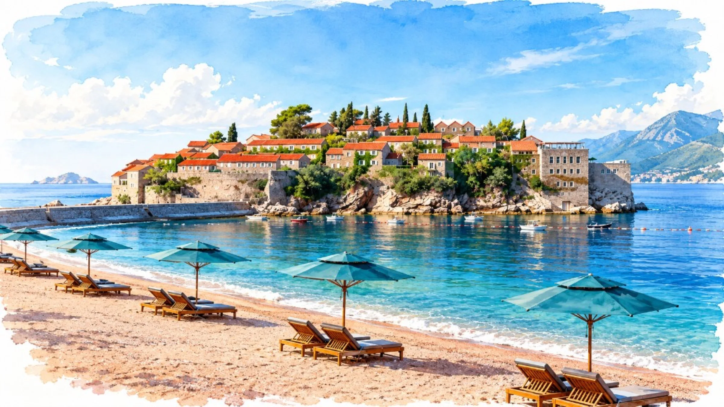 Aquarell: Sveti Stefan und ein Strand an der montenegrinischen Küste