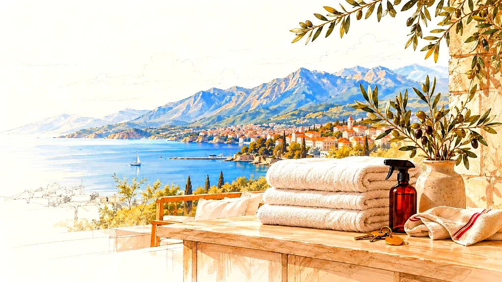 Terrasse mit Blick auf Budva: Handtücher, Schlüssel und ein Olivenzweig
